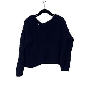 Garage V-Neck Cropped Sweater Womens XS Navy Blue Chunky Knit